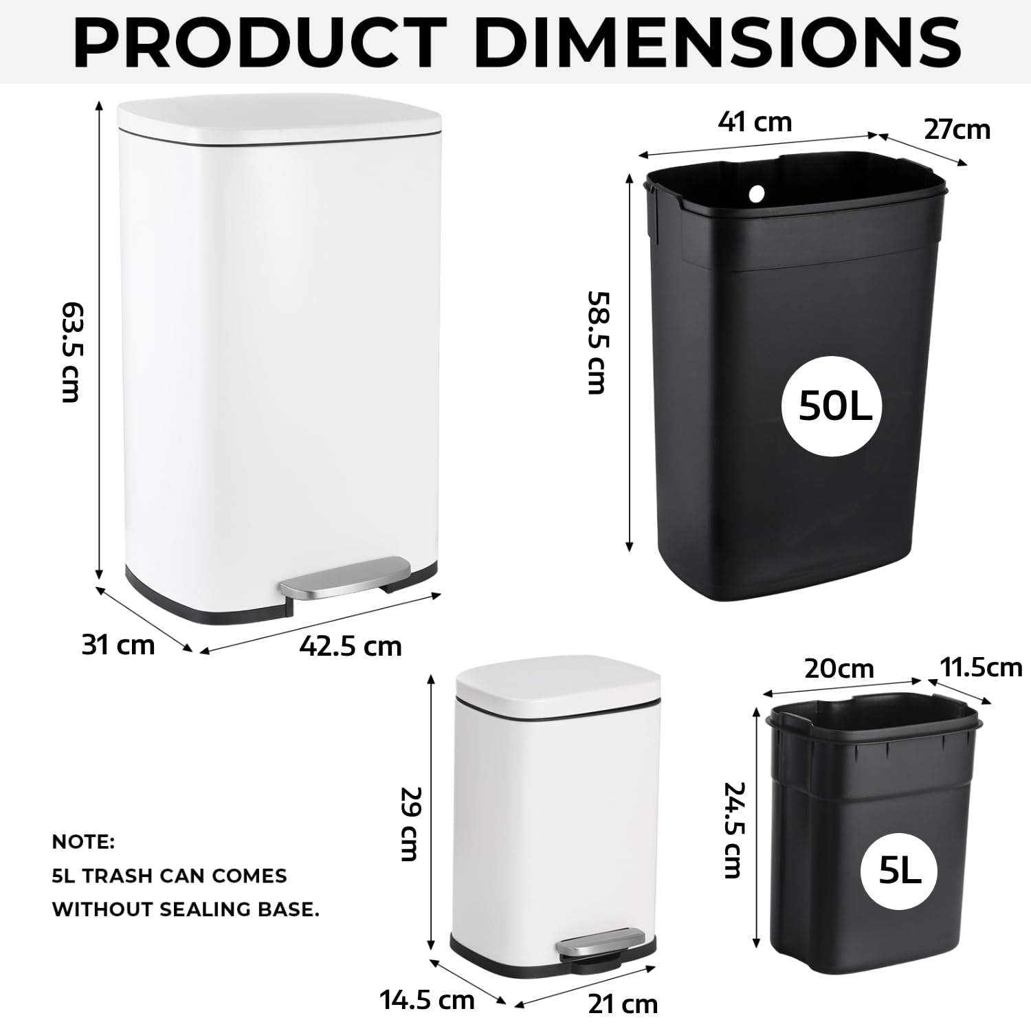 LIFERUN Mülleimer 50l + 5L, 2er Set Abfalleimer aus Stahl mit Softclose Deckel, Abnehmbarer Inneneimer, Geruch isolieren, Großer und Klein Tretmülleimer Set für Küche, Badezimmer, Büro, Weiß