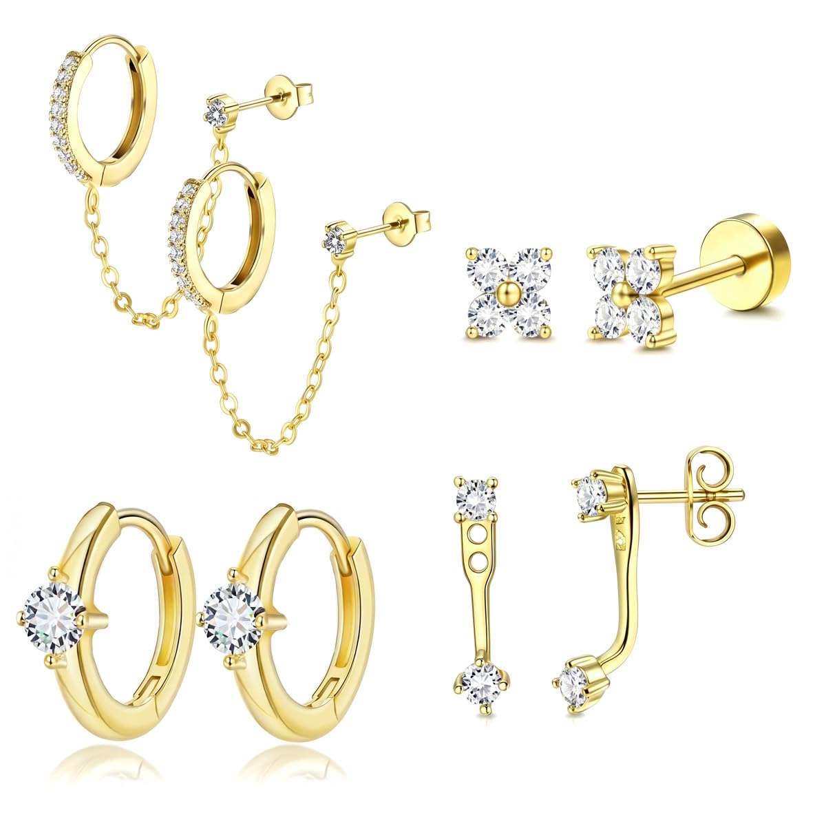 sannidhi 4 Pairs Earrings Set for Women Gold Rhinestones Flat Back Earring Flowers Chain Hoop Earring Hypoallergenic Stainless Steel Cartilage Earrings Combo for Multiple Piercing-picture-41