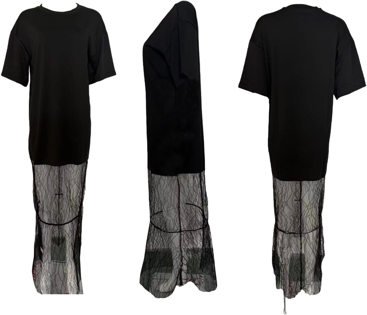 NRTHYE Womens Lace Patchwork T Shirt Maxi Dress Sexy Crew Neck Short Sleeve Mesh See Through Hem Loose Long Dresses