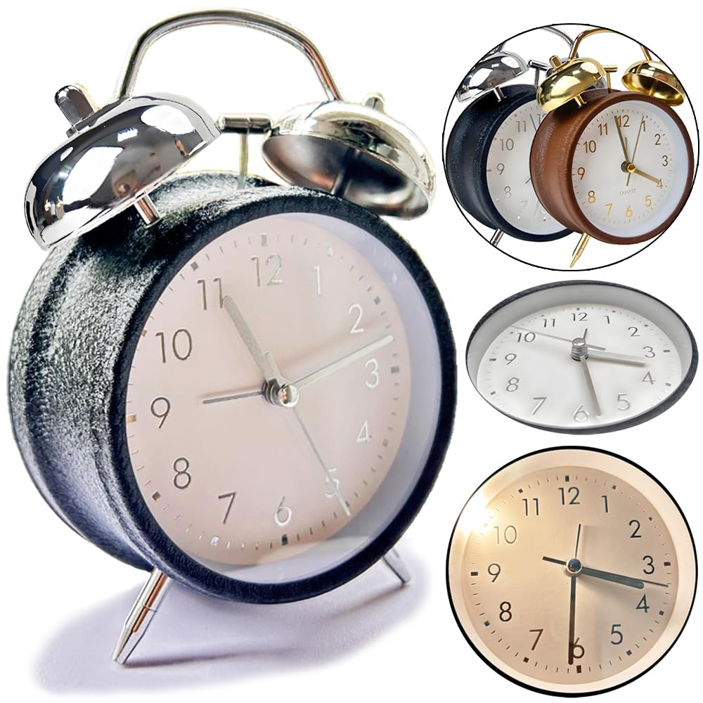Réveil à sonnerie sonore argenté : horloge de table analogique silencieuse pour le bureau