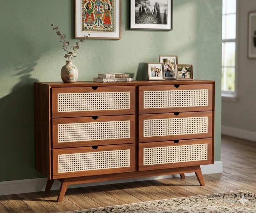 Image of Space Galaxy Sheesham Wood Chest of Drawer with Cane Rattan Fronts | 6 Drawer Storage Cabinet & Wooden Dresser | Mid Century Modern Furniture Organizer for Bedroom, Living Room & Home|Honey Oak Finish