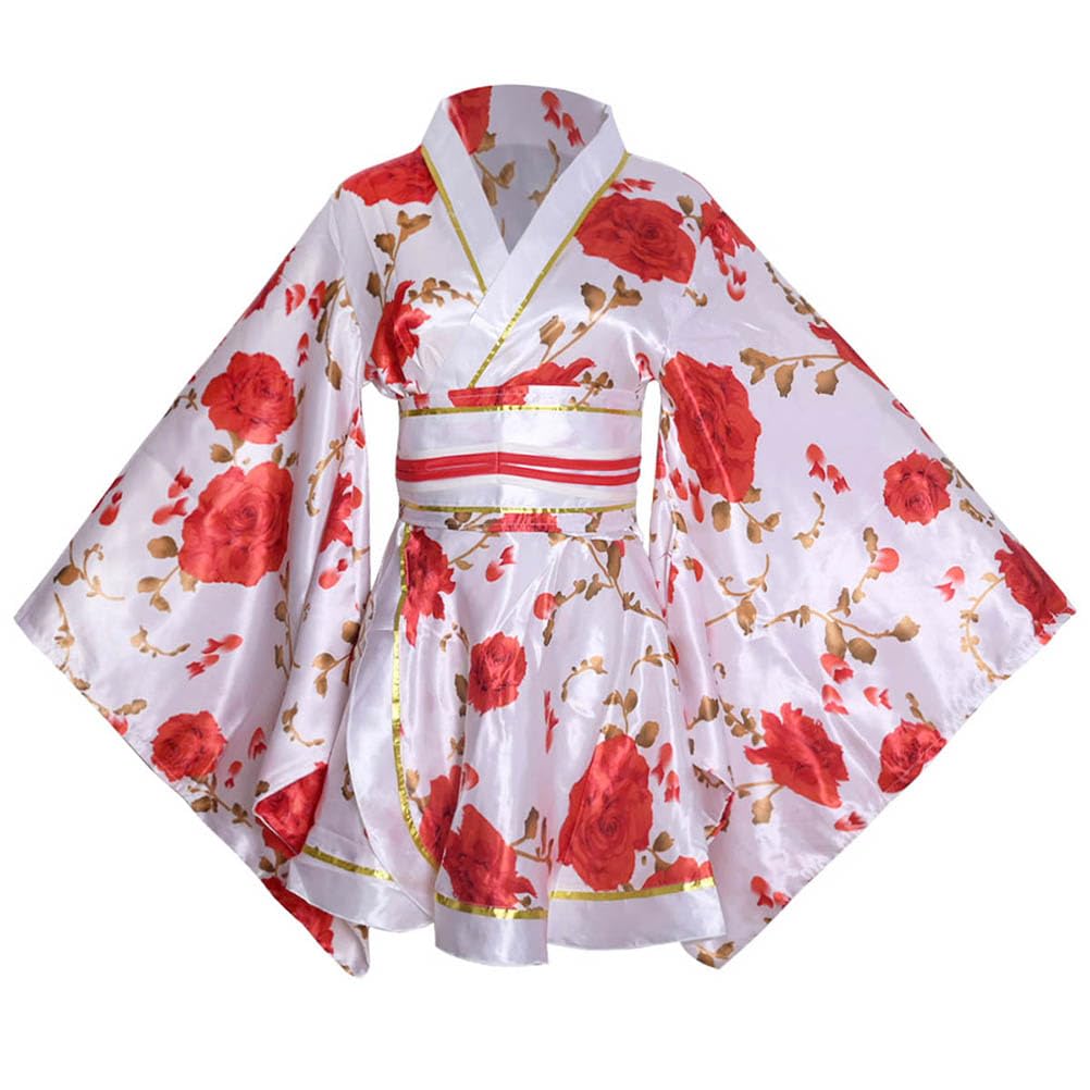 薔薇柄 ミニ着物ドレス 高級ブランド 和柄 サテン浴衣 ワンピース 帯付き キャバドレス 夏祭り 花火大会 ダンス 和装 (KS04-白地×バラ柄)