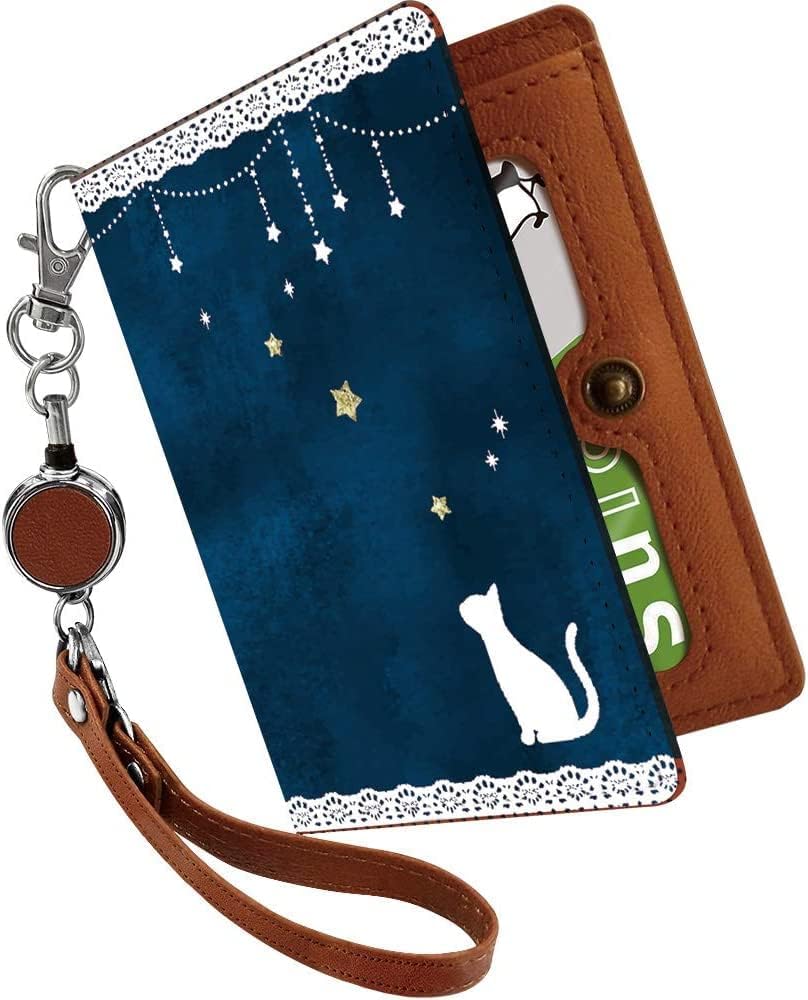 [Pretimo] パスケース 定期入れ リール付き かわいい 猫 レース 星 月 夜空 動物 アニマル柄 二つ折り 中がみえない おしゃれ レディース 猫柄 ねこ柄 ブルー [猫 レース 星 月 夜空/ps]