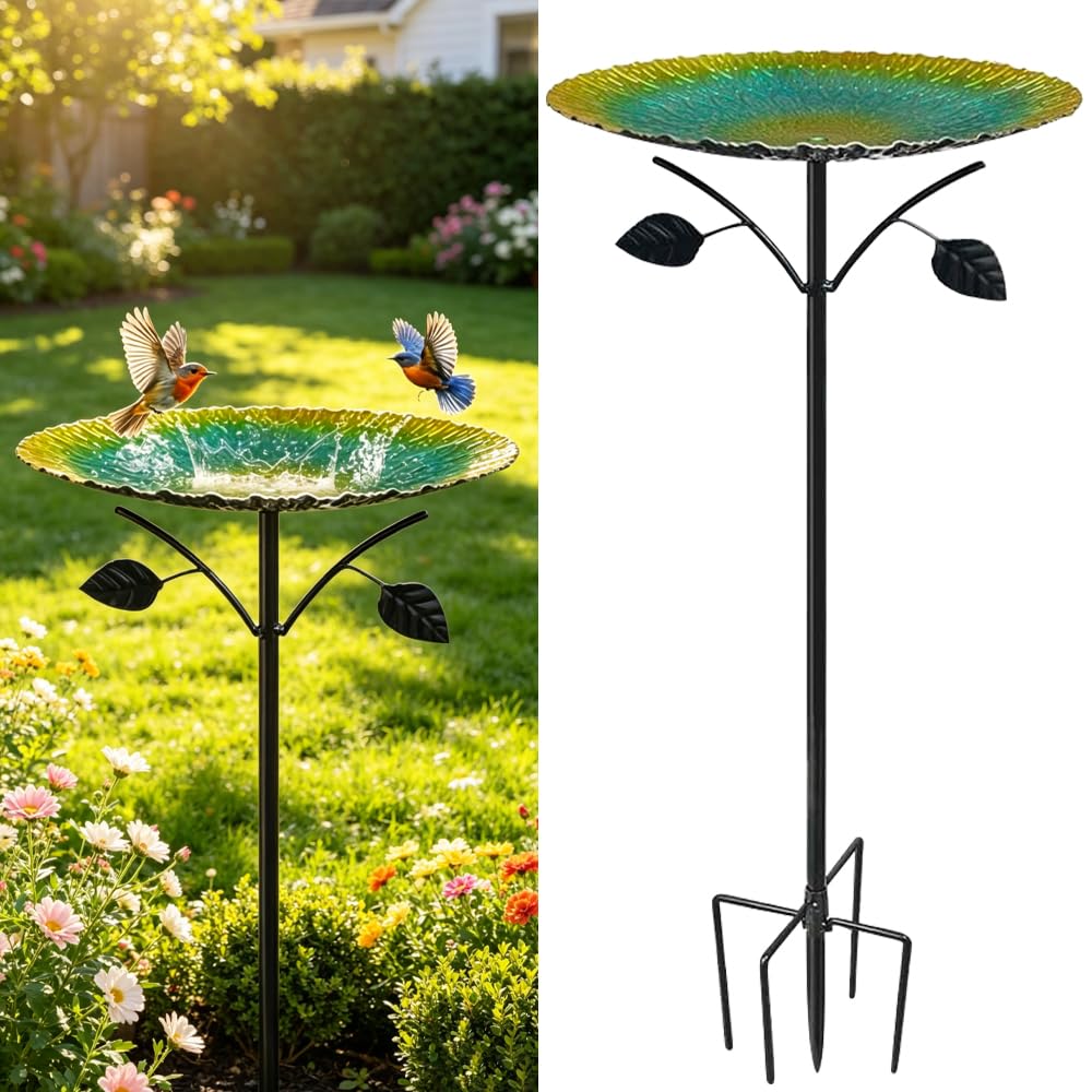 Abreuvoir Oiseaux Extérieur, 83cm Métal Bain d'oiseaux avec Base Stable 5 Broches, Mangeoire Oiseaux Exterieur sur Pied pour Oiseaux Sauvages, Jardin, Terrasse et Balcon（Vert）