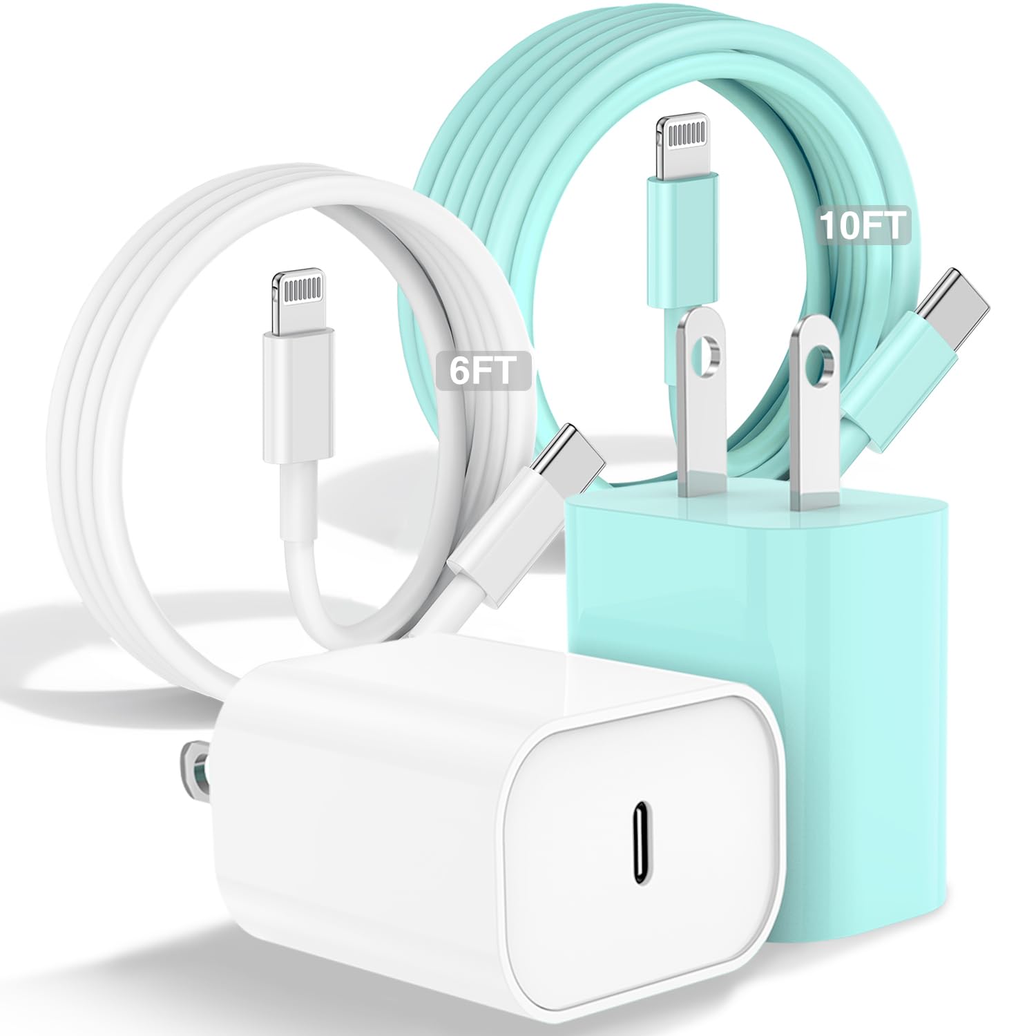 Fashia Phone Charger Fast Charging[6FT+10FT], Apple Charger with Long USB C to Lightning Cable for Phone 14/13/12 Pro Max,20W USB C Charger Block and Chargeur Phone Fast Charing Cord(White+Green)