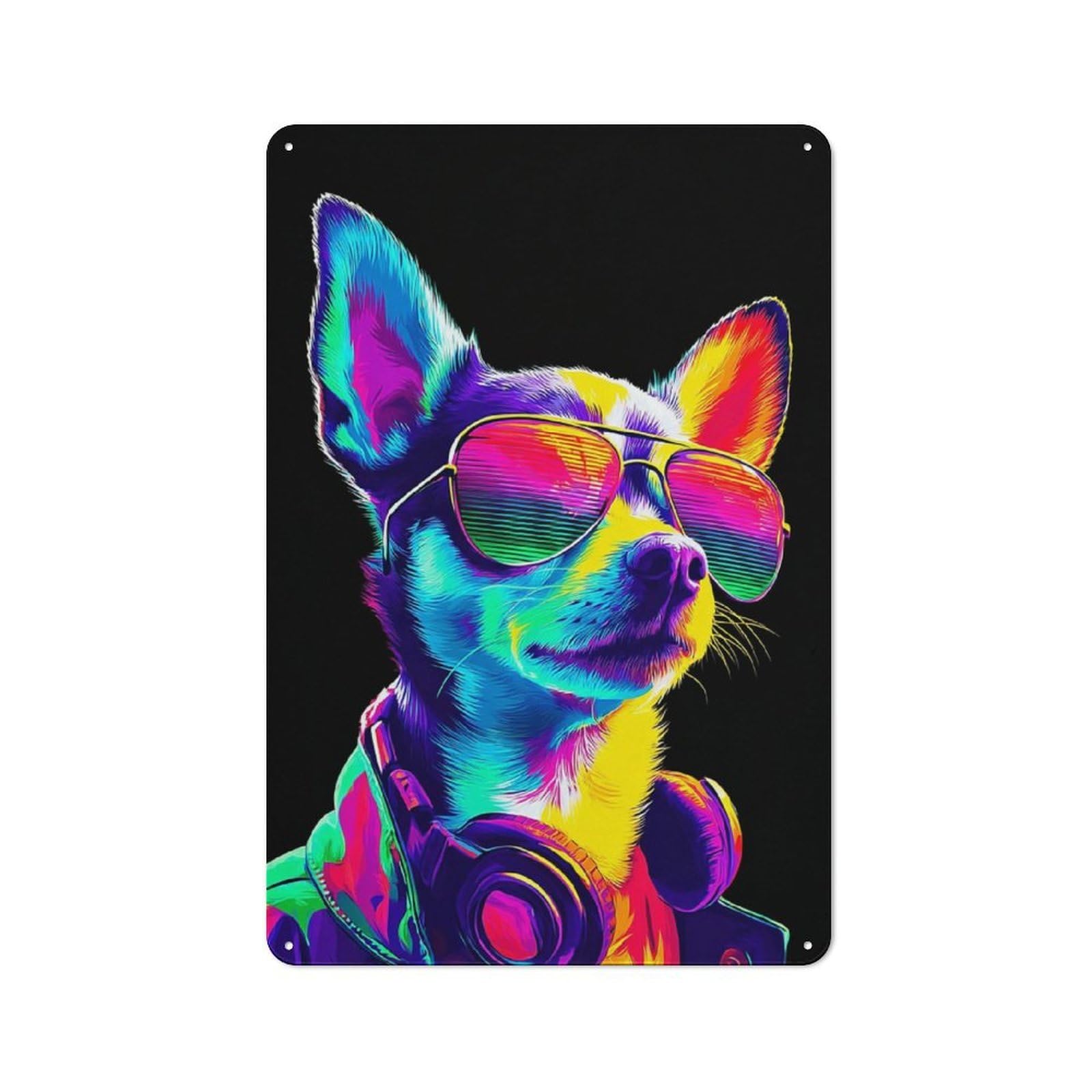 Junmoney Vibrant Neon Dog With Sunglasses Metal Wall Sign With Design 30X20cm, Loft Style Studio Wall Art For Flat, Bar, Studio Or Gallery Wall