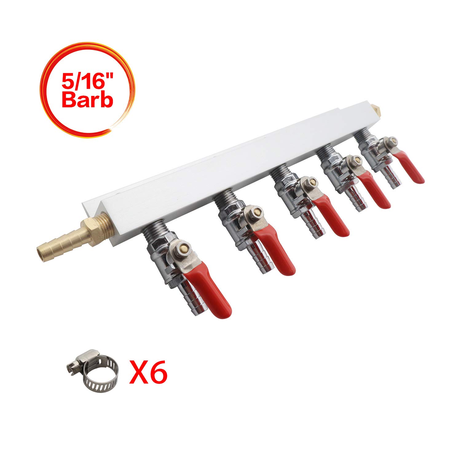 Gas Manifold, Beer Gas Distributor, Air Distributor CO2 Manifold - Splitter 5/16" Barb Fittings (5 way 5/16" Barb)
