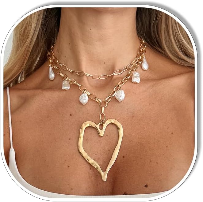 Chunky Gold Heart Necklace for Women Unique Big Hollow Heart Necklace Baroque Pearl Charm Choker Necklace