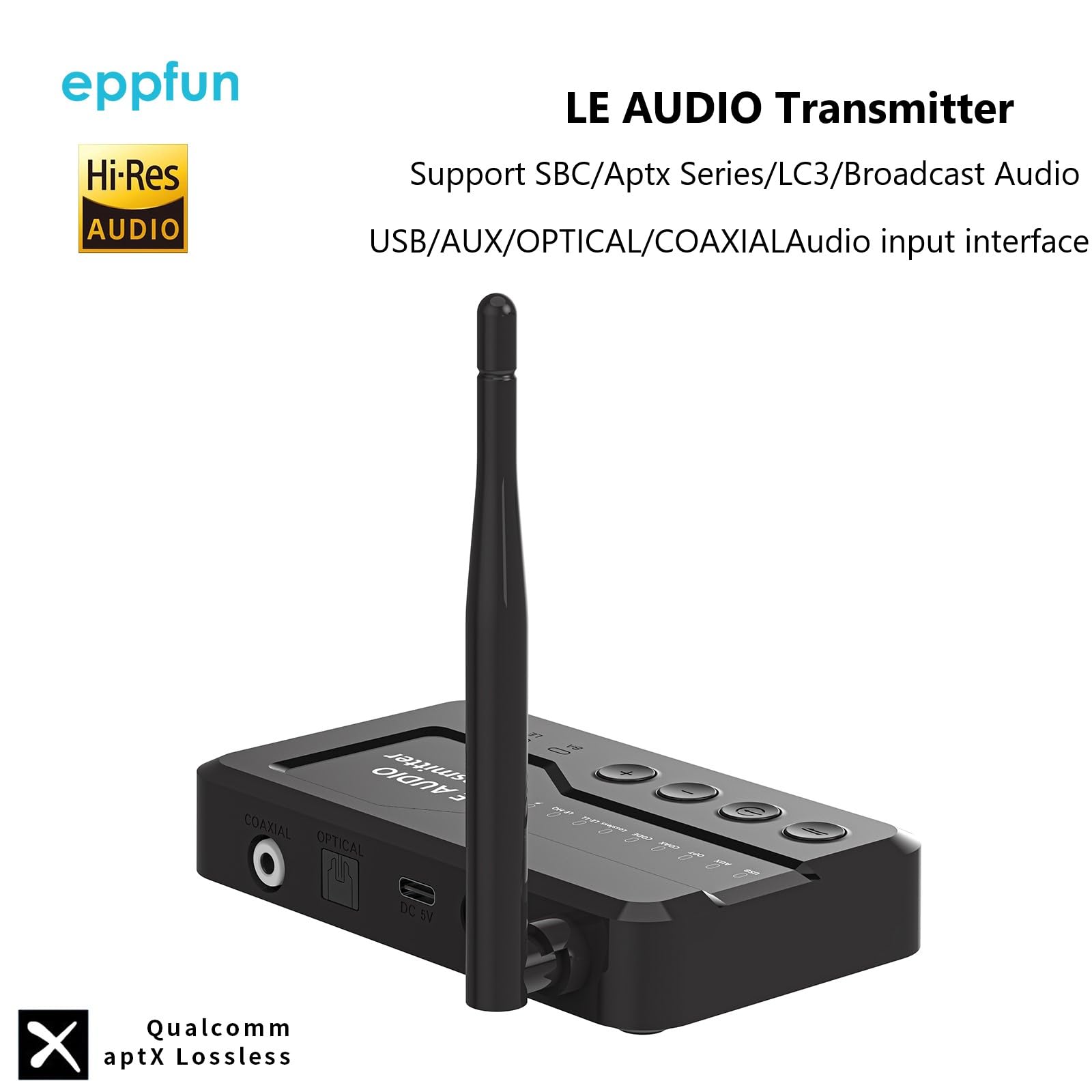 LE Audio Bluetooth 5.4 Transmitter for TV to Wireless Headphones, Aptx Lossless/Adaptive Audio Bluetooth Adapter with AUX/RCA/Optical/Coaxial Audio Inputs, Plug n Play