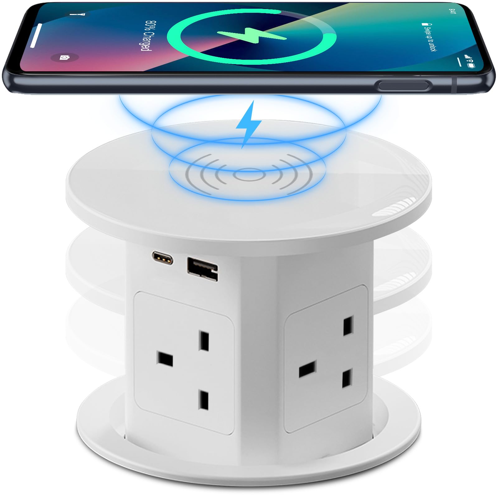 Pop Up Socket with 15W Wireless Charging - 4 AC Outlets, 1 USB Port, and 1 x 20W Type-C Port for Kitchen and Workspace, Overload Protection, Safe Power Solution [UK 13A / 110-250V / 2500W] (White)