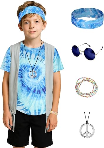 Vista 8 de Disfraz hippie para hombre, trajes de los años 60 y 70 para hombre, conjunto de camisa de teñido anudado con flecos, chaleco de carnaval, peluca