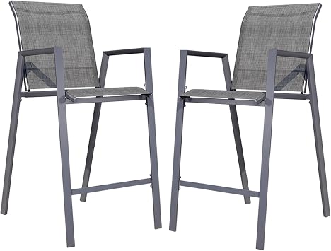 Outdoor Bar Stools Set of 2, Bar Height Patio Chairs with High Back & Armrest, All-Weather Bar Height Furniture for Balcony, Counter and Pool, Grey