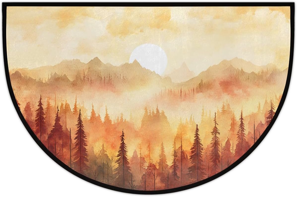Half Round Door Mat Forest Fall Mountain Non Slip Absorbent Semi Circle Area Rugs Washable Half Moon Floor Mats for Indoor Outdoor Patio Kitchen Bathroom Entryway Fireplace Home Carpet Decor