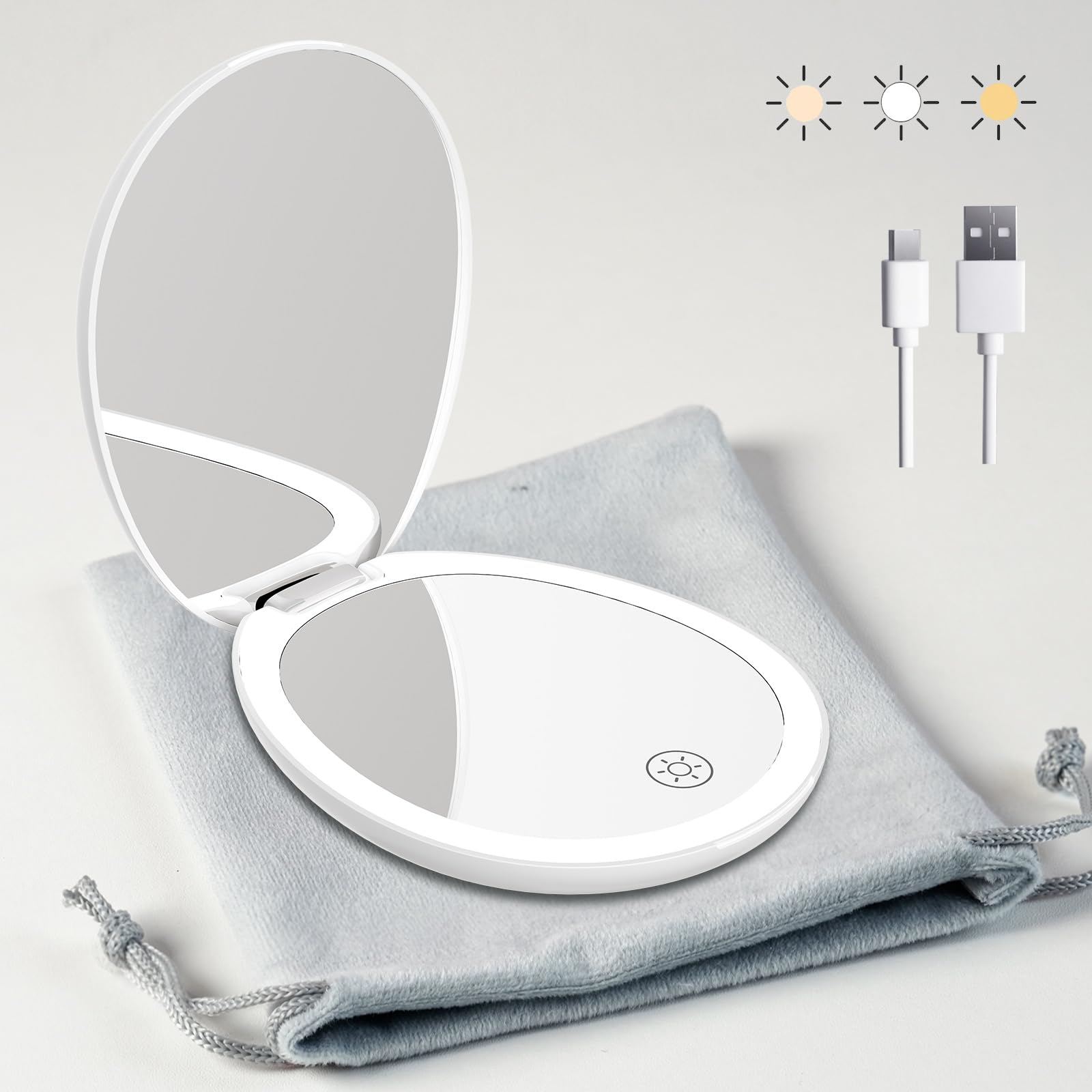 Funtoouch Travel Makeup Mirror with Light - LED Compact, Magnifying, 2-Sided, 3 Color Lights, Cosmetic Mirror, Small Enough for Purse