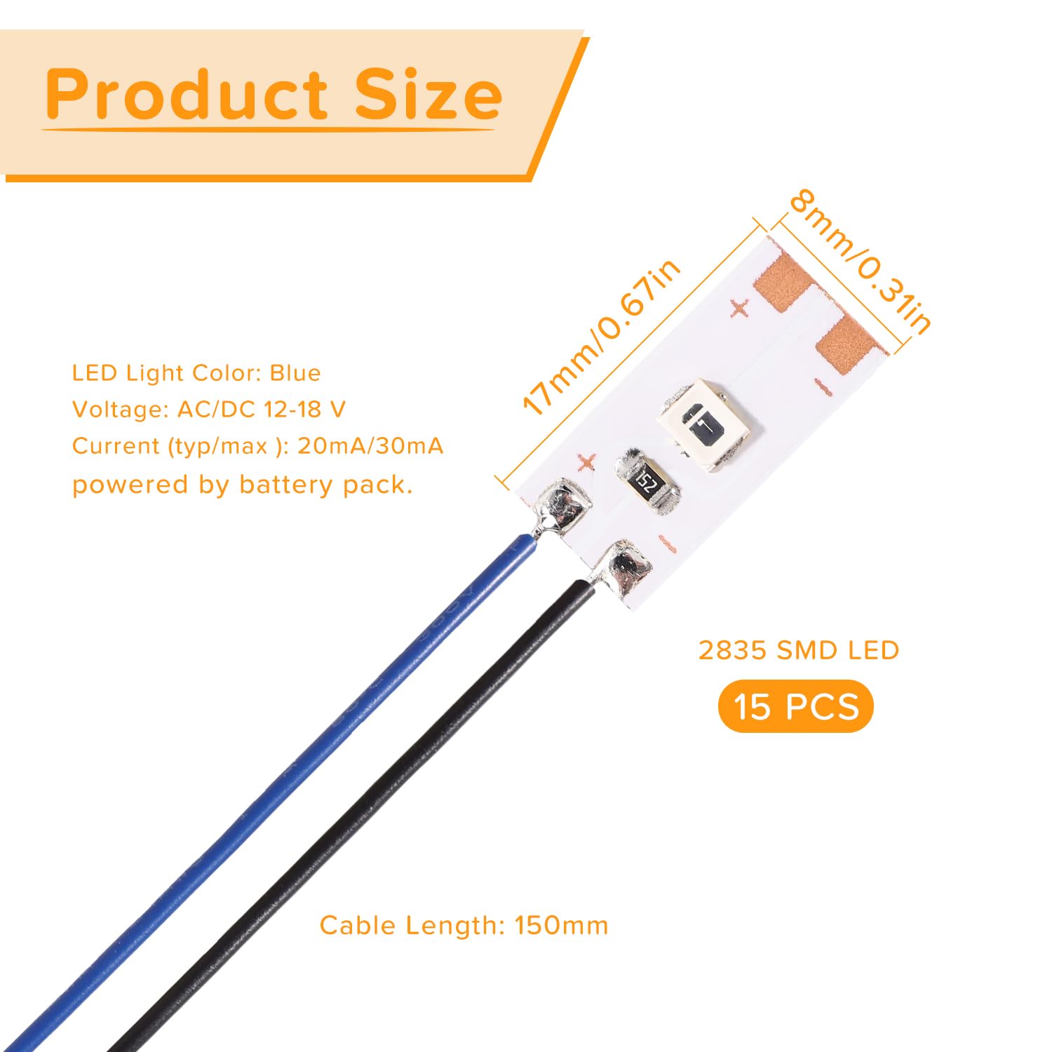Lyeteung 15 PCS 17mm 12V - 18V Pre Wired Strip, 2835 SMD LED Model Railway LED Lighting, Blue, 17mm - 15pcs - Image 2