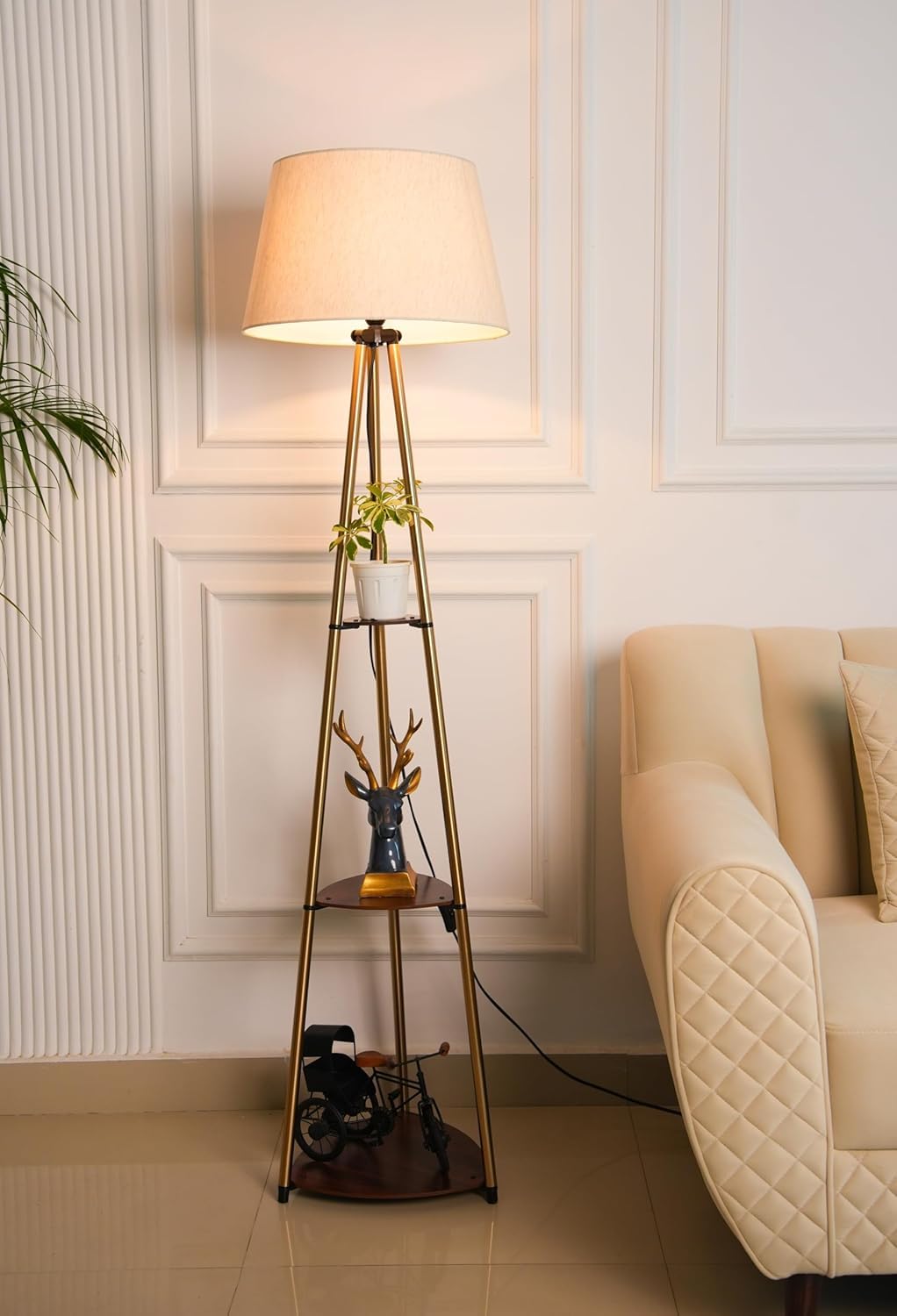 Mordern 3 Shelves Floor Lamp Brass Antique Finish 5 Feet Height with 16” Diameter Off White Shade for Living Room, Bedroom, Home Decoration | Led Bulb Included - Pack of 1-image-26