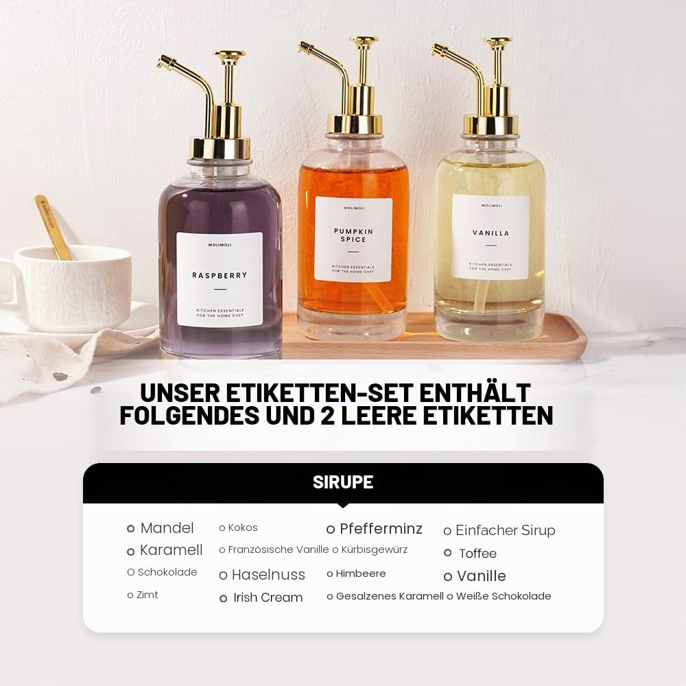 MoliMoli Kaffeesirupspender für Kaffeebar, Kaffeepumpenspender, Glassirupflasche mit Pumpen und Etiketten, 16 oz 500 ml, 2 Stück, Gold