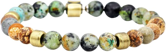 Amazon Blackjack メンズ 本物のアフリカンターコイズとジャスパー ジェムストーン 金メッキ ステンレススチール ビーズブレスレット ブレスレット 通販