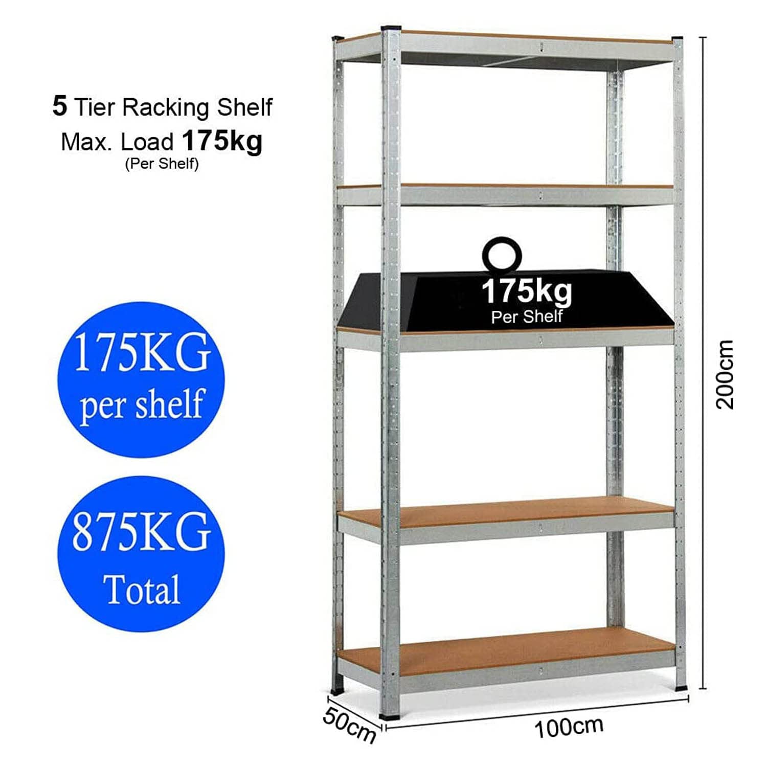 Metalowe półki do przechowywania z 5 półkami 200 x 100 x 50cm, półki ze stali i MDF Przemysłowe Przechowywanie Kuchnia Spiżarnia Garaż, 875 kg Półka do ciężkich ładunków