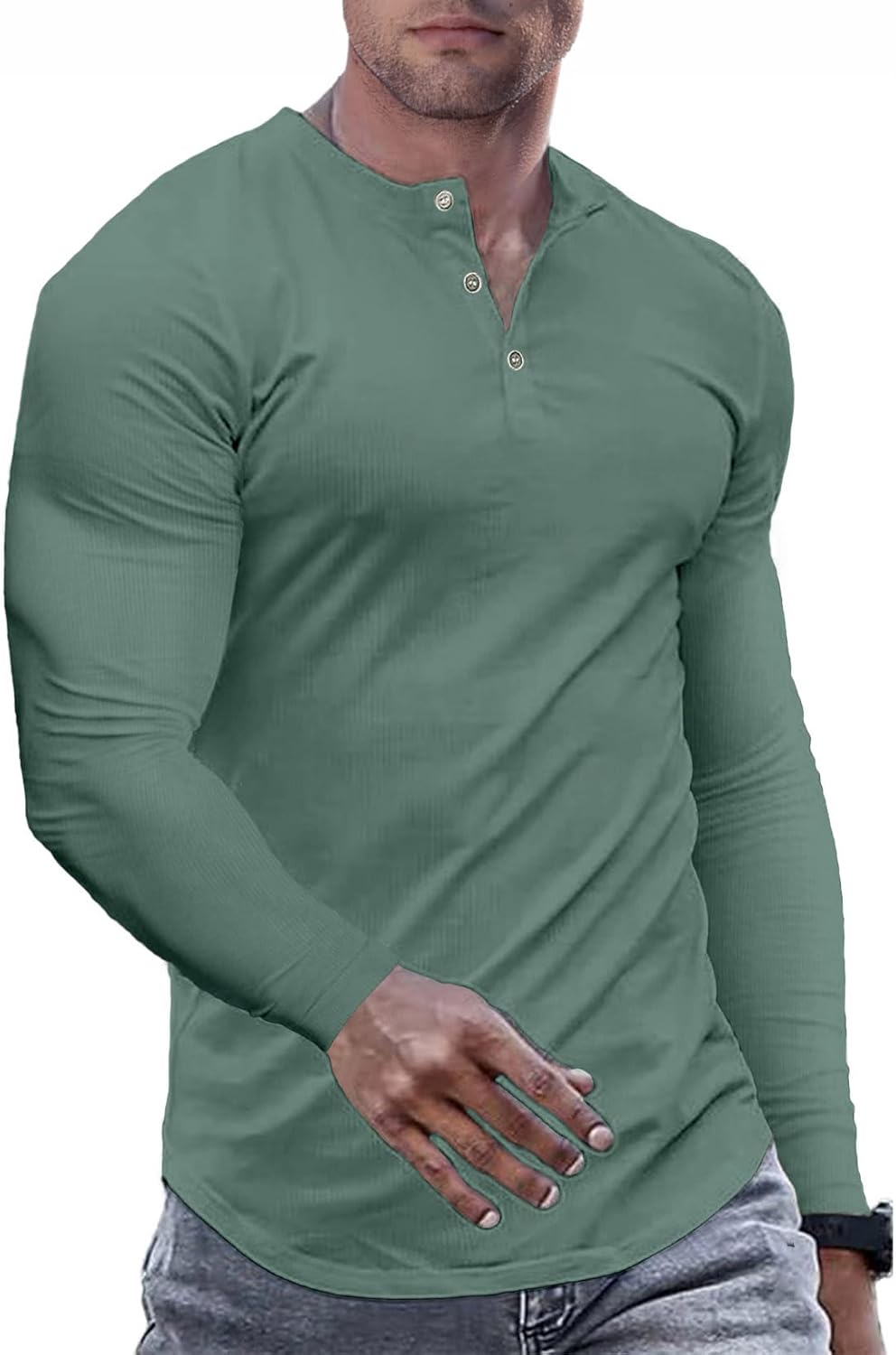 JMIERR Men’s Muscle Slim Fit Button Henley Shirts Summer Crewneck Long Sleeve Longline Fitted T-Shirt Gym Workout Athletic Tees Shirt for Men, L, B Green