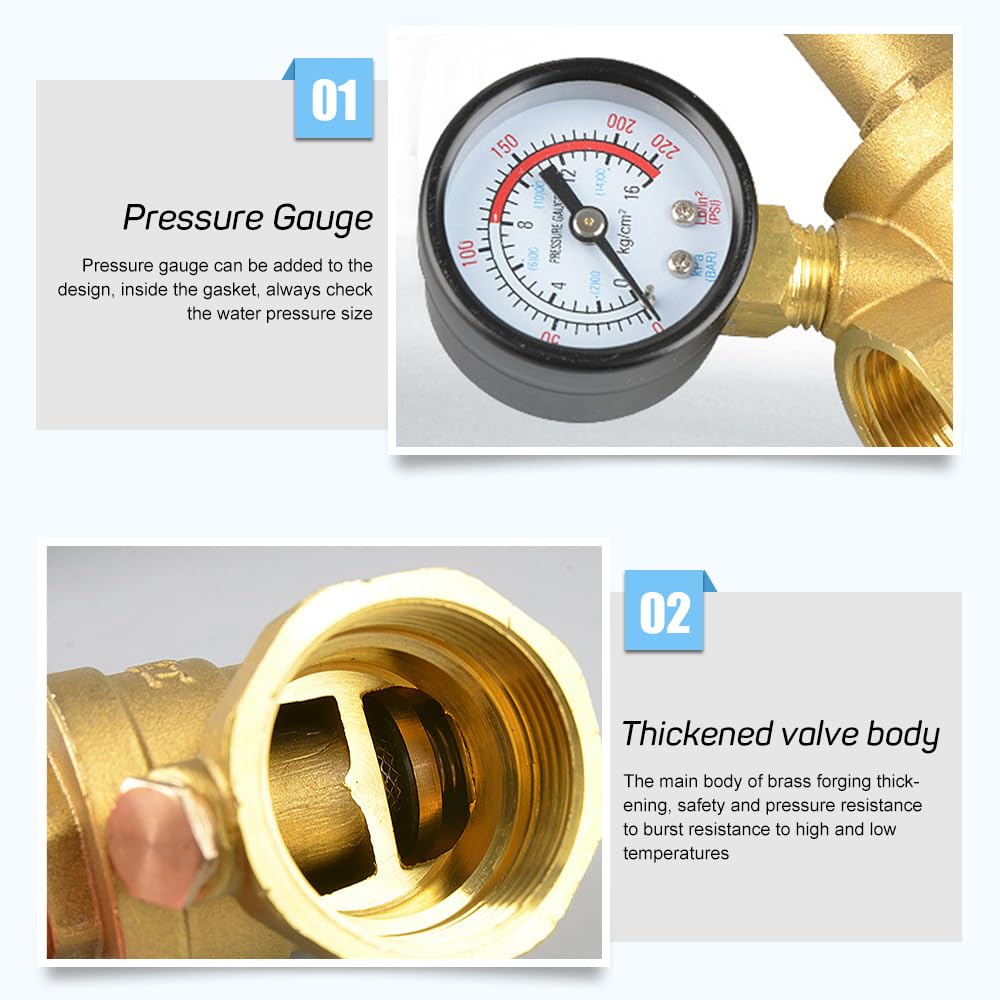 NICEWAT Pressure Regulator Water 1/2 Inch DN15 with Pressure Gauge, Adjustable Water Pressure Regulator - Image 3