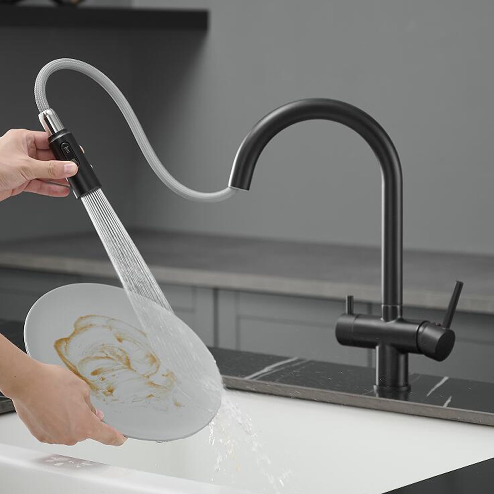 HTTGDGDH 3Way Kitchen Pullout Design Double Handle Rotating Brass Tap Black Finish Osmosis Water Filter Compatible Modern Kitchen Upgrade,Negro