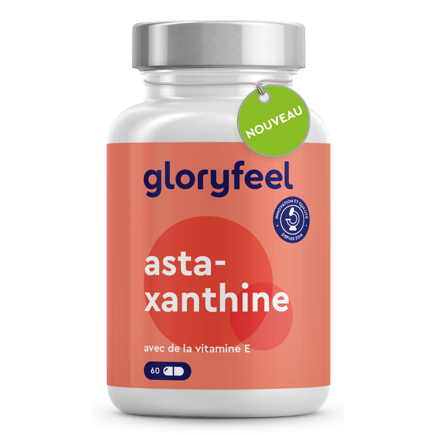 Astaxanthine 190 mg d'Extrait de Haematococcus Pluvialis, Antioxydant Puissant, Formule Premium, 100% Naturelle, Enrichi en Vitamine E, 60 Capsules, Protège les Cellules Contre le Stress Oxydatif