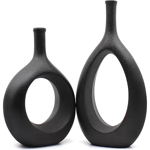 Serdic Ceramic Hollow Vases Set of 2 Modern Decorative Flower Vase for Centerpieces, Wedding, Gifts, Kitchen, Living Room or Flower Shop Black