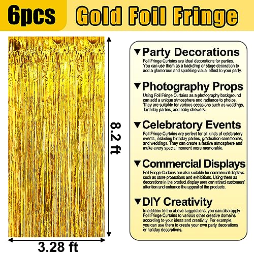 Image of 6 Pack Gold Foil Fringe Curtain Backdrop, 3.28Ft x 8.2Ft Metallic Tinsel Foil Fringe Streamer Curtains for Photo Booth, Christmas Day, Thanksgiving, Wedding, New Year Party Decorations