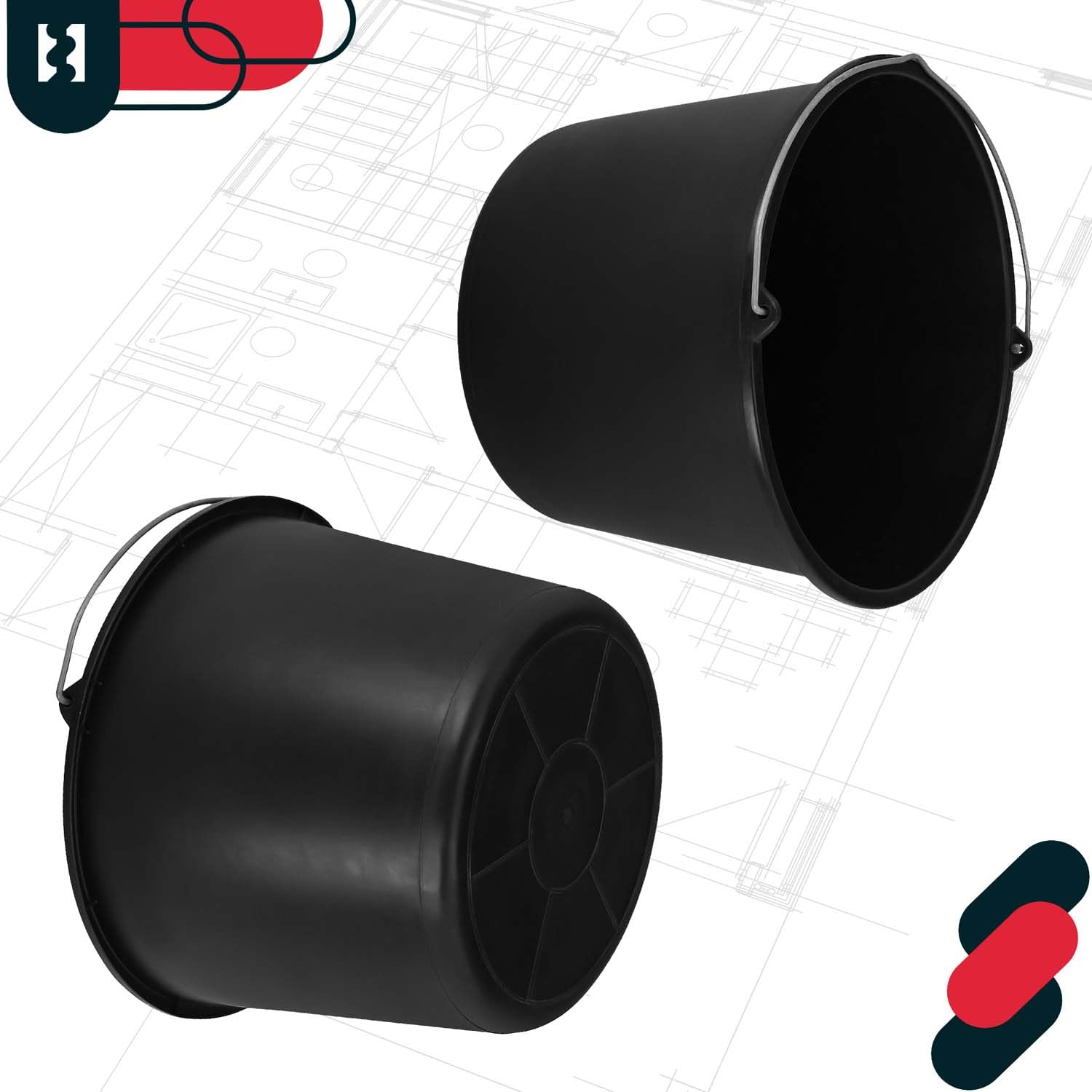 KOTARBAU Set di 20 secchi per l’edilizia, caldarella in plastica da 12 litri, per lavori edilizia, cemento, acqua, per il giardinaggio, colore nero