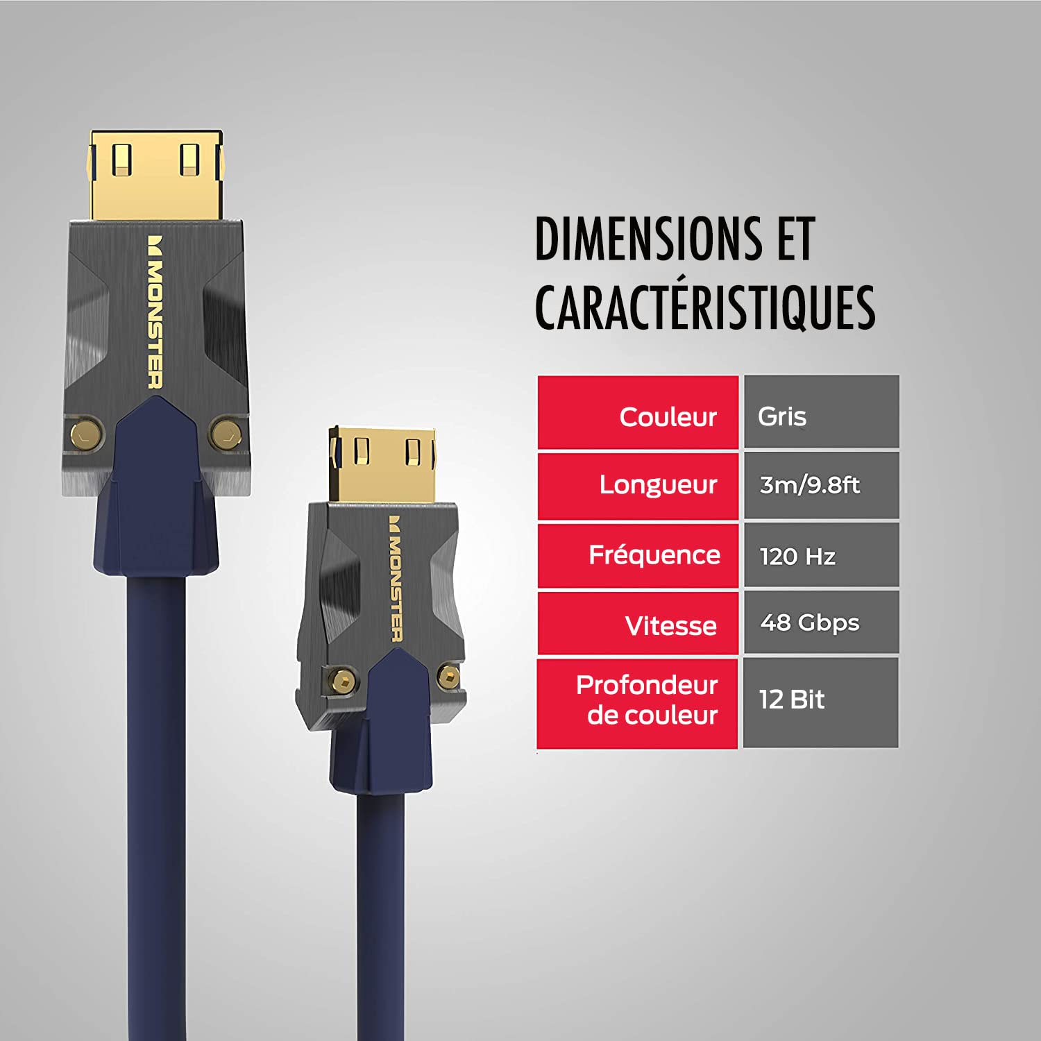Monster, Câble HDMI, Résolution 8K, Vidéo HDR, 48 GBPS, Vitesse Éclair, Connecteurs V-Grip, Triple Blindage, 3 Mètres, Garanti à Vie, Noir