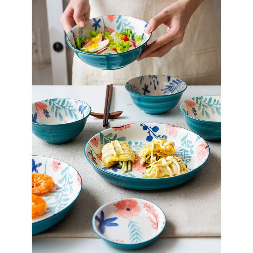 Générique Bol à Ramen, Couverts en céramique de Style Japonais, Bol à Riz de 5 Pouces, Assiettes à dîner de 8 Pouces, sous-Assiettes à Fleurs émaillées, Assiettes à dîner à imprimé Floral