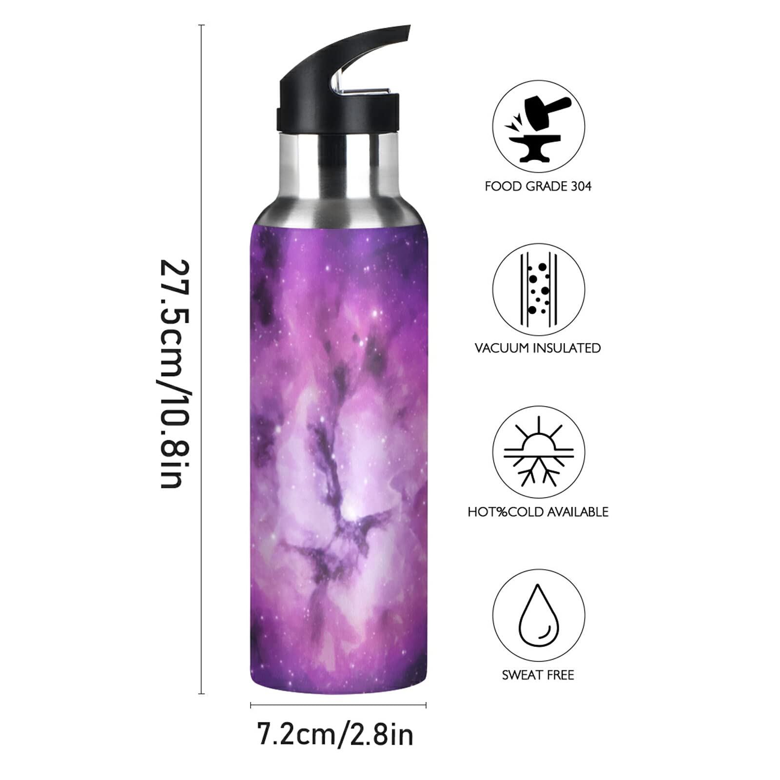 Edelstahl-Isolierflasche 600 Ml – Galaxy Rainbow Design, Mit Strohhalm, Auslaufsicher
