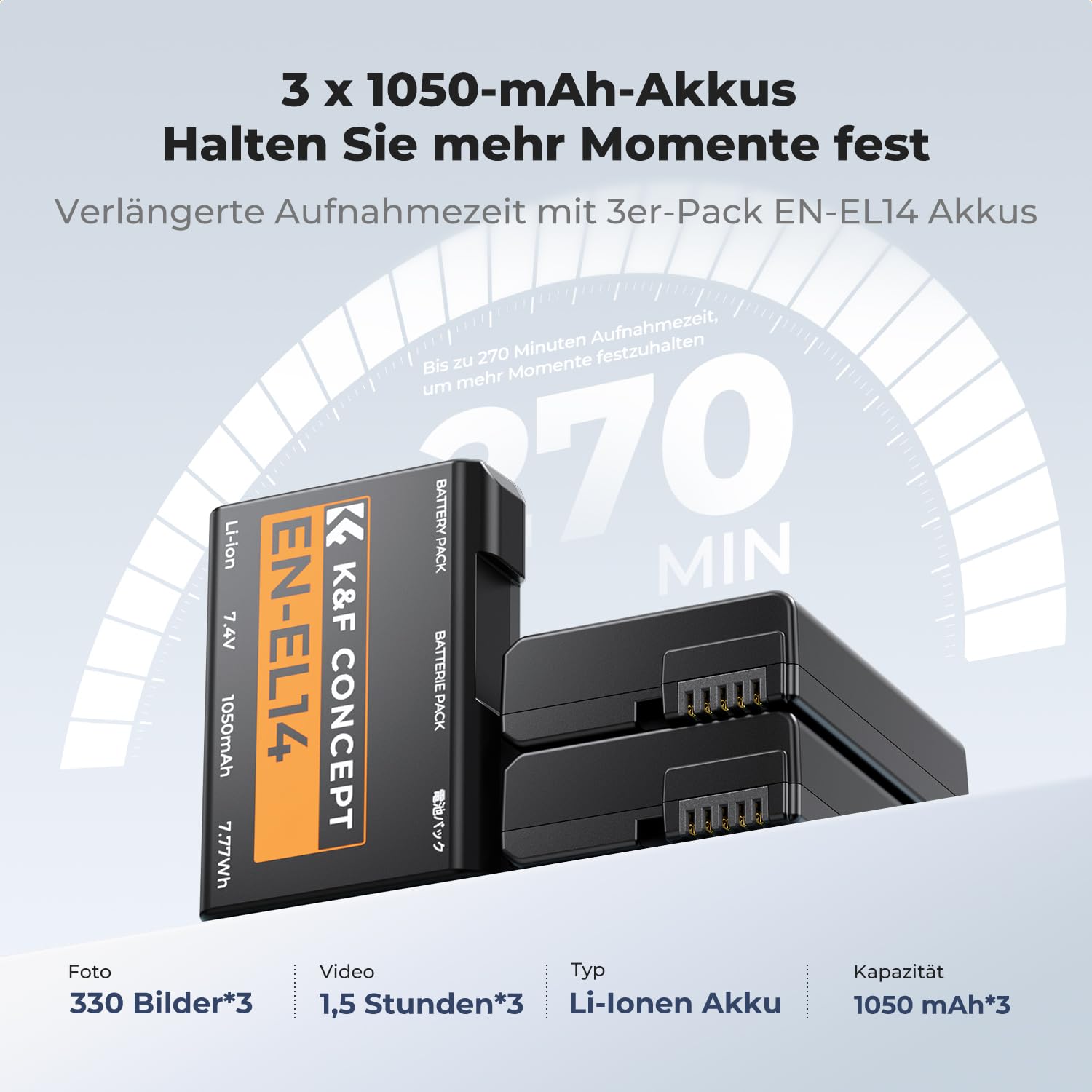 K&F CONCEPT 3er-Pack EN-EL14 EN -EL14a Akku und Upgrade-LCD-Ladegerät Kompatibel mit Nikon D5300 D5600 D5100 D5200 D5500 D3100 D3200 D3300 D3400 D3500 Coolpix P7000 P7100 P7200 P7700 P7800 Kameras