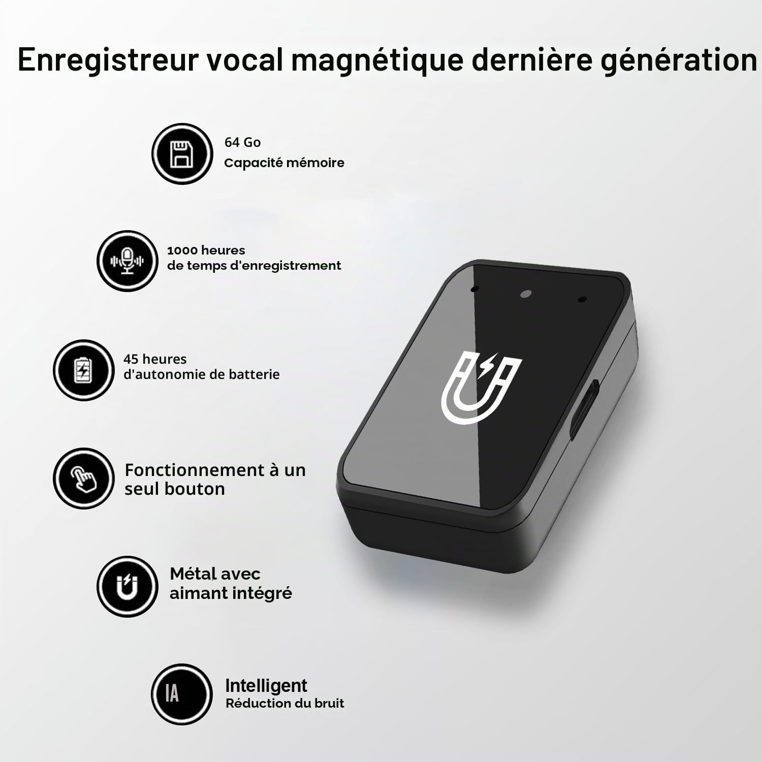 Enregistreur vocal – Mini enregistreur vocal magnétique de 64 Go avec réduction du bruit, appareil d'enregistrement portable de type C, petit enregistreur audio avec écouteurs pour réunion, conférence