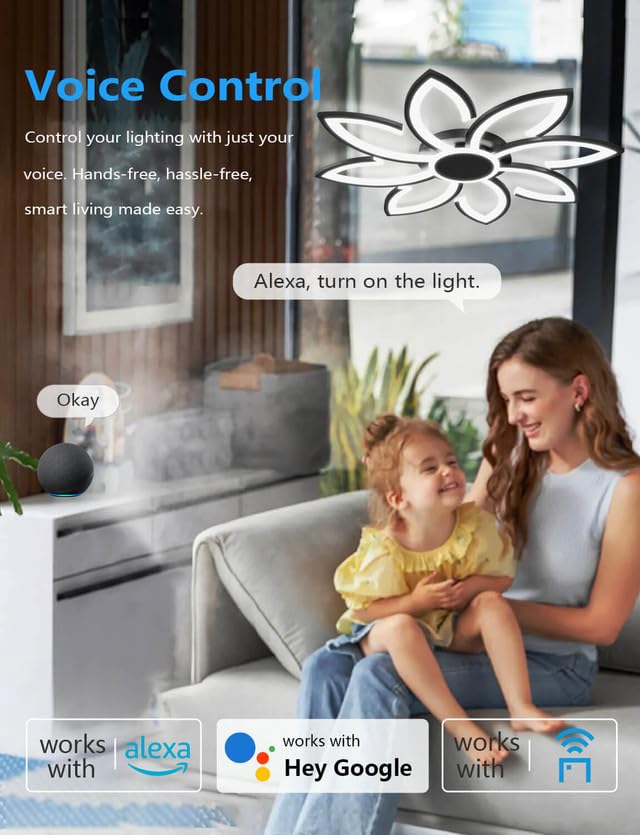 LJX 90cm Lámpara LED Techo Compatible con Alexa y Google Assistant Moderna Flor Inteligente Iluminación Luz y Mando a Distancia Negro Dimmable Temporizable para Dormitorio Salón