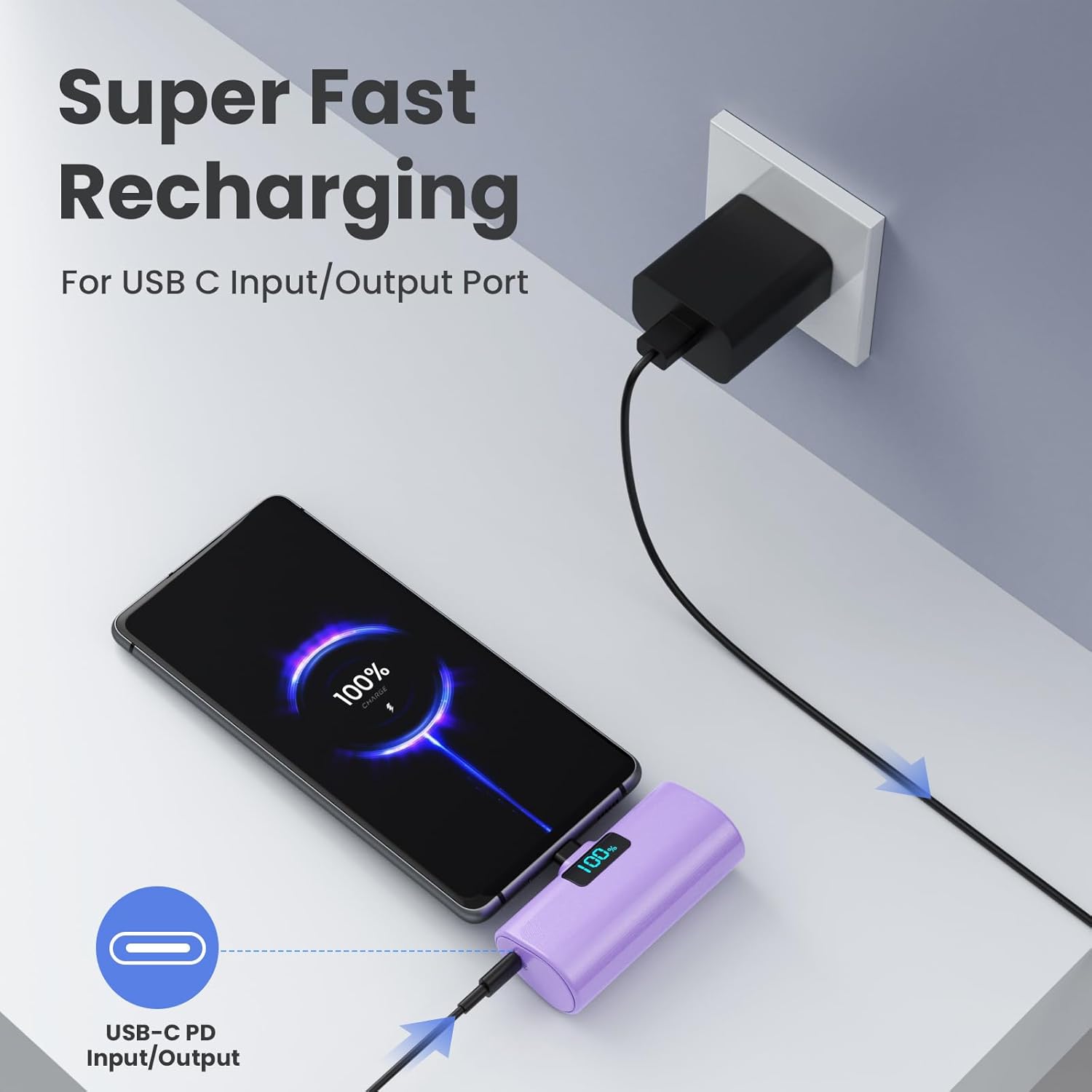 HETP 5200mAh Portable USB-C Power Bank being recharged from a wall outlet, with a smartphone also connected to the power bank.