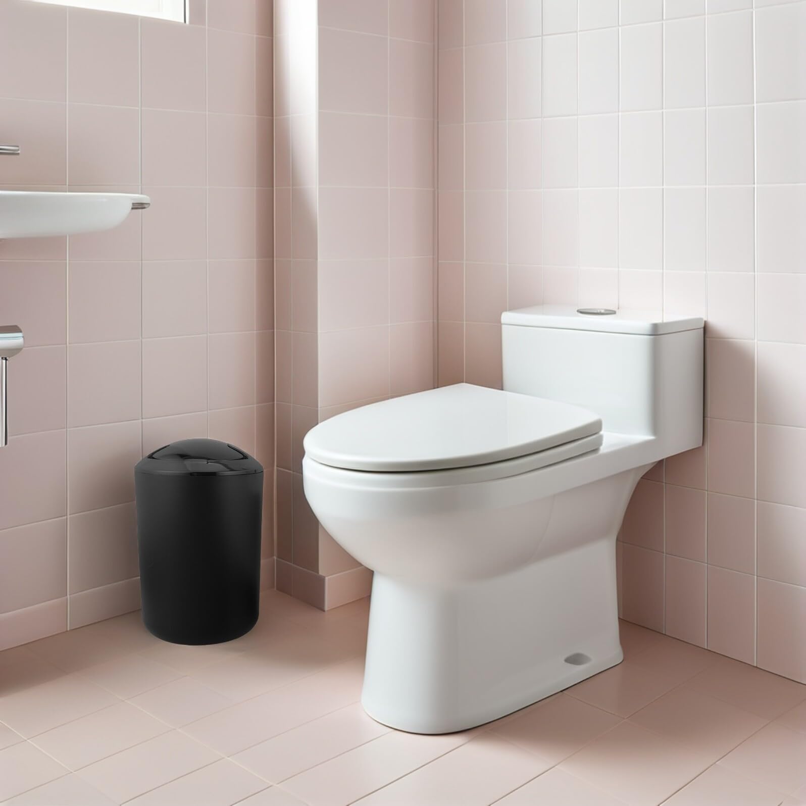 Set de Accesorios de Baño Negro de Plástico con Dispensador de Jabón, Porta Cepillos, Jabonera, Escobilla y Cubo de Basura para Organizar el Baño