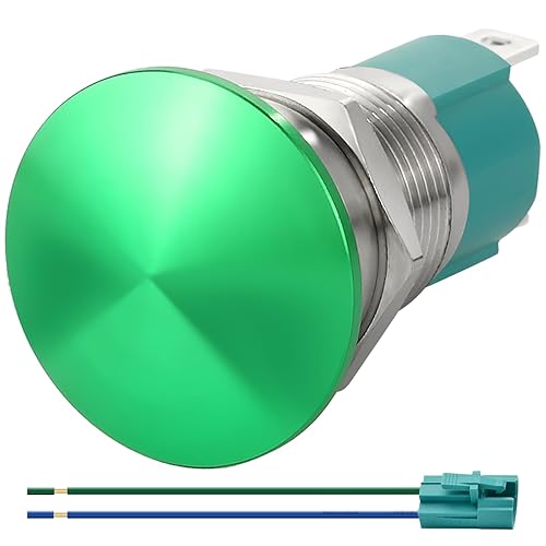 Miniatura 13 de Interruptor Momentáneo de Pulsación de 10Amp 16mm 5/8' Acero Inoxidable 304 Verde Botón de Seta Impermeable IP66 5V-250V DC/AC SPST con Cable