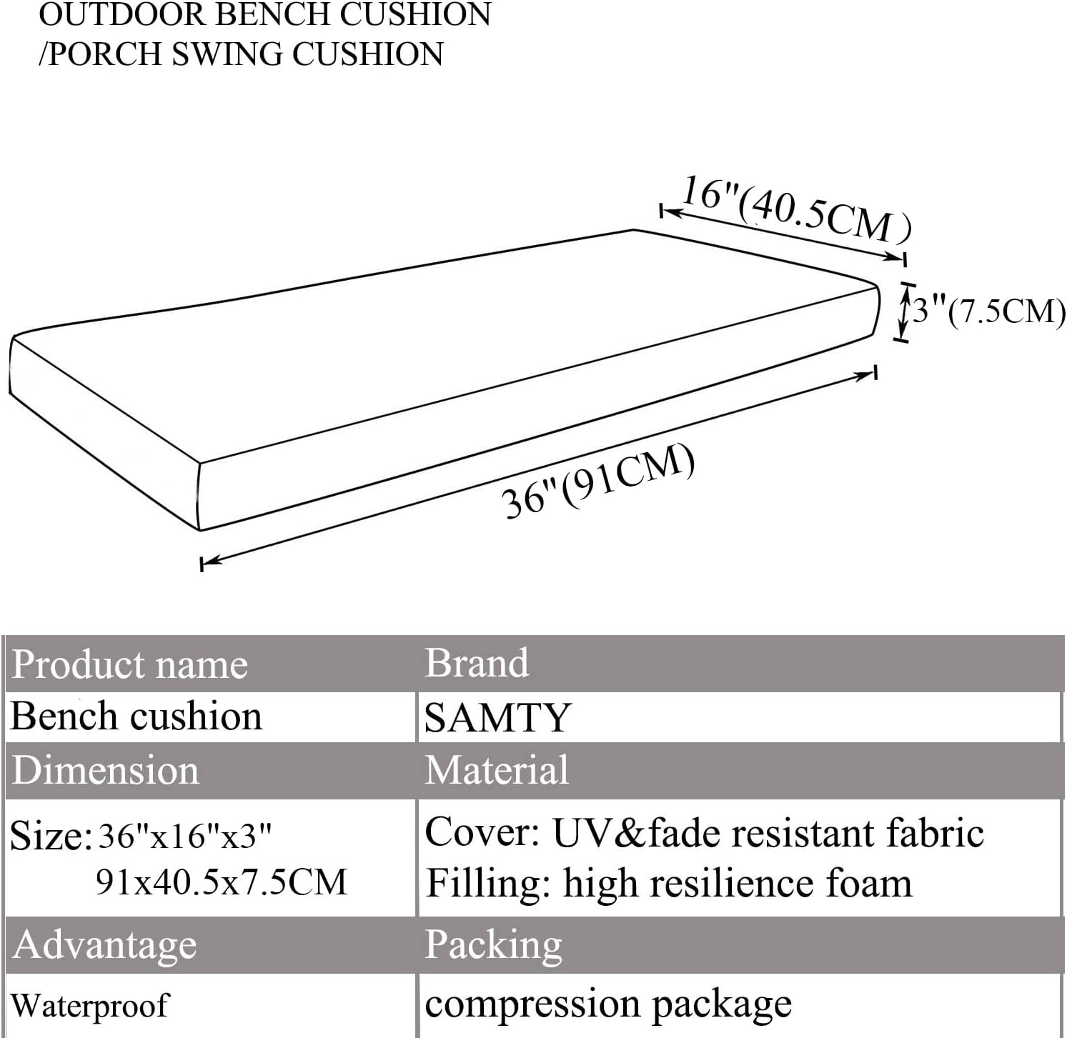 SAMTY Waterproof Outdoor Bench Cushion for Patio Furniture Porch Swing Cushions for Garden Seat Settee Pad 36x16 Inch, Beige