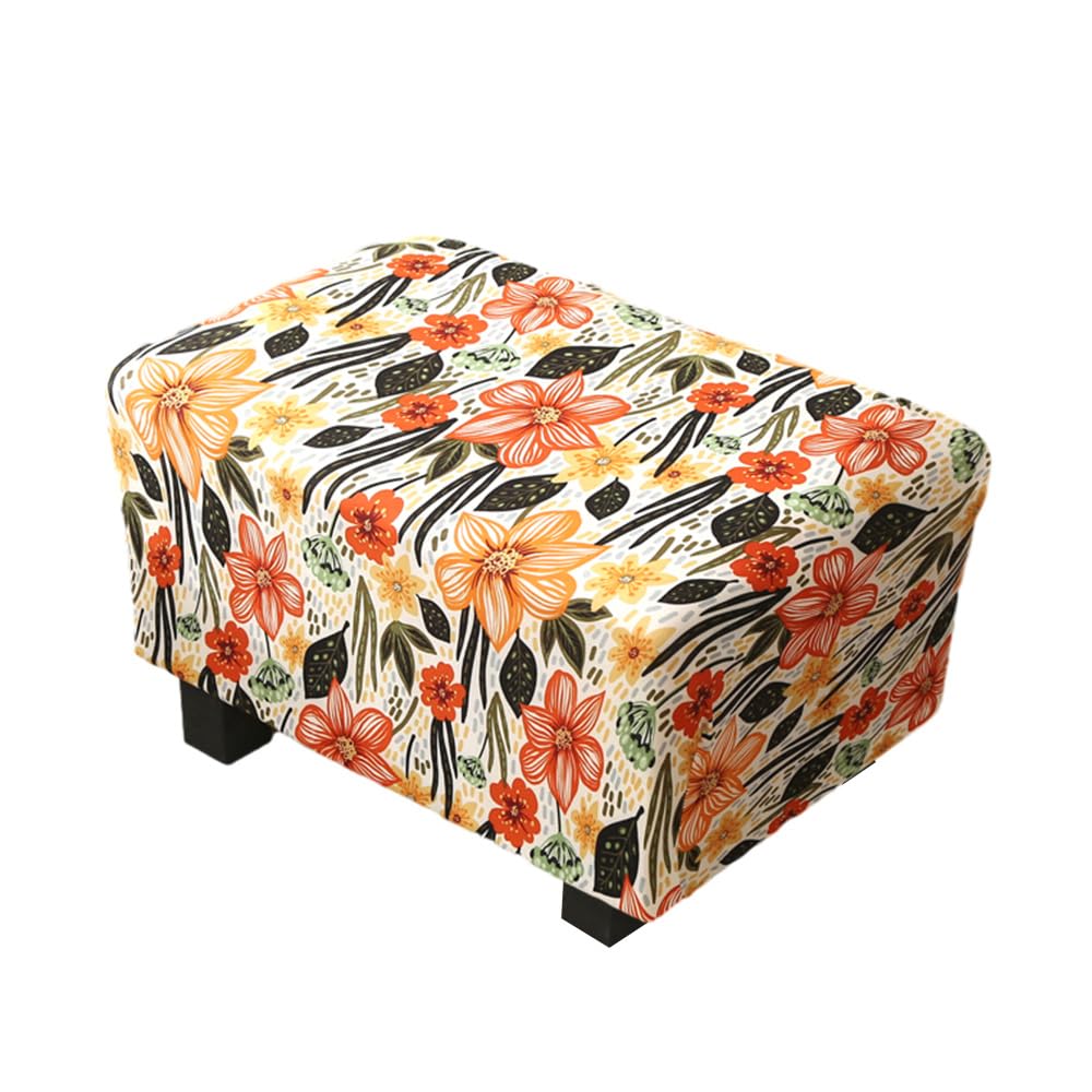 Highdi Ottoman Cover Rectangle Polyester Spandex, Stretch Footstool Slipcover, Stool Protector Cover with Elastic Bottom, Dustproof Removable Washable Footrest Pouffe Covers (orange flower)