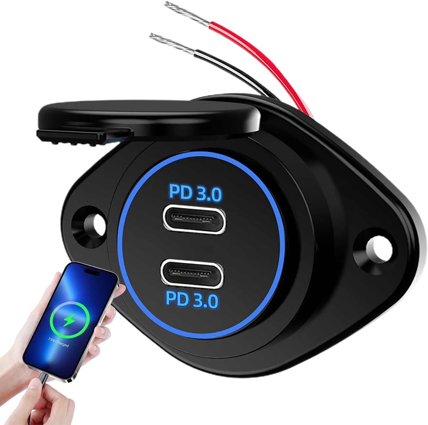 USB Charging Socket for Car, Charger Socket 2 Ports 12V/24V for Fast Charging, Waterproof Automotive Electronics with LED Light for Vehicle Recorder, Mobile Phones