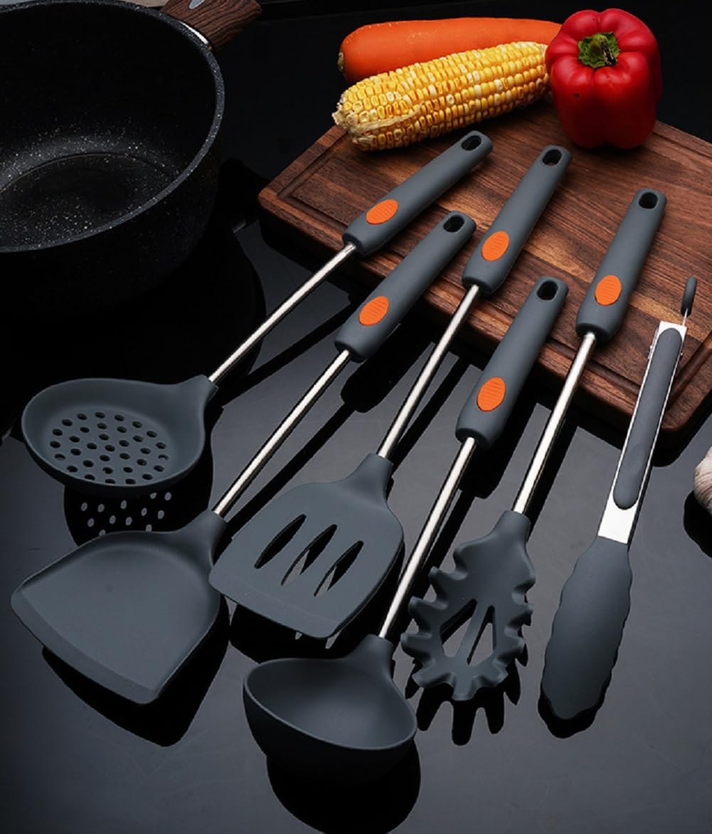 Küchenhelfer Set, 5 Stück Silikon Pfannenwender Kochlöffel Set, Hitzebeständig Küchenutensilien Set Mit Edelstahlgriff, Gesund & Spülmaschinenfest