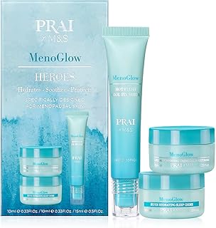 PRAI MenoGlow Heroes Set-Creme Gel Moisturise (10ml) Sleep Creme (10ml) & Hot Flush Cool Fix Serum (15ml) Perimenopause and Menopause Skincare Solution Prevent Collagen Loss and Dehydration