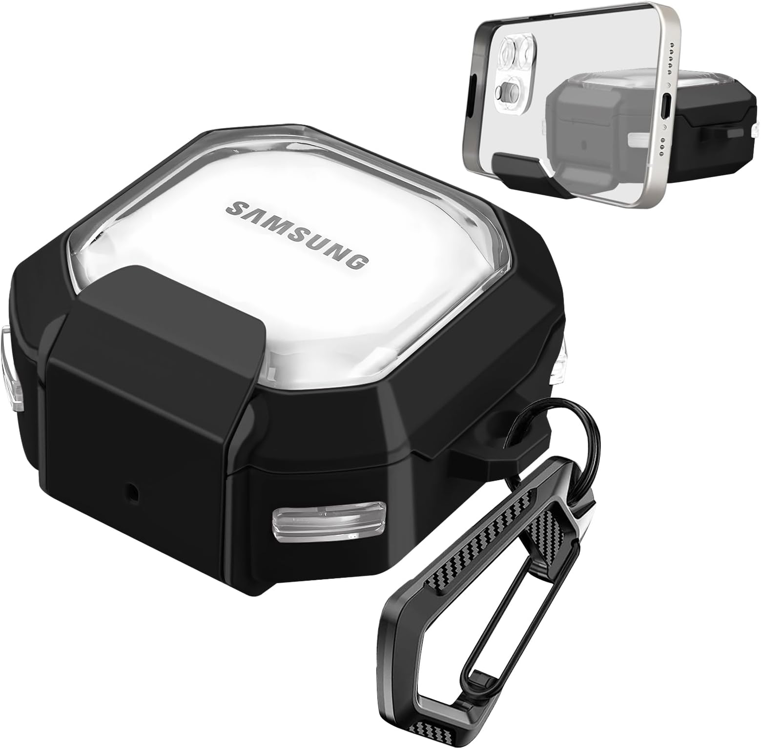 Secure Lock Clear Case for Samsung Galaxy Buds FE/Galaxy Buds 2 Pro/Galaxy Buds Pro/Galaxy Buds Live，TPU Hard Shell Galaxy Buds Live Accessories with Keychain That Doubles as a Phone Stand