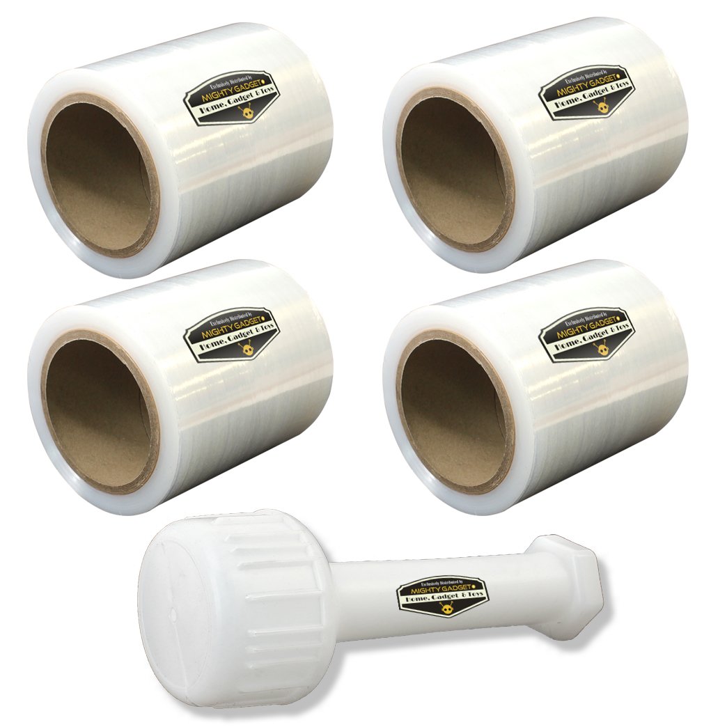4 Pack of Mighty Gadget (R) Mini Stretch Wrap Film with 1 Reusable Handle for Pallet Wrap, Moving Supplies - 47 gauge, 5" x 1000 ft