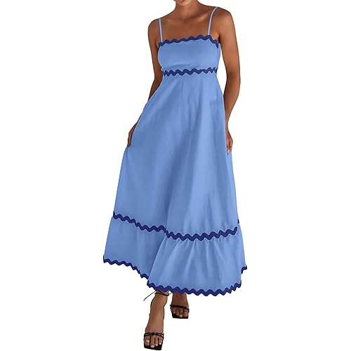 dowerme Women Summer Dresses 2024 Spaghetti Straps Sleeveless Smocked Rickrack Trim Boho Flowy Loose A-Line Midi Dress