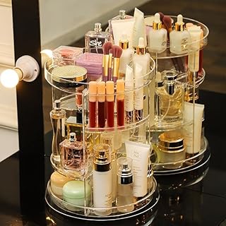 منظم مكياج كريستال دوار 360 درجة - 3 أدوار قابلة للتعديل، تصميم شفاف أنيق لتخزين أدوات التجميل والعناية - دوران سهل وتنظيم مثالي لطاولة الزينة