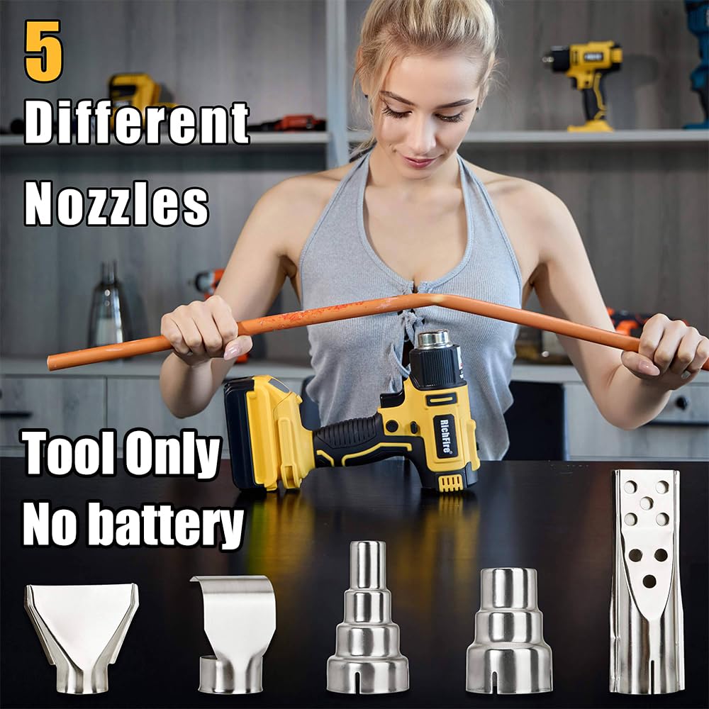 Pistola de calor inalámbrica, 350 W, 300 °C - 550 °C, calentamiento rápido, pistola de calor para batería Dewalt de 20 V, 5 boquillas para doblar tuberías, PVC retráctil, pelar pintura (solo