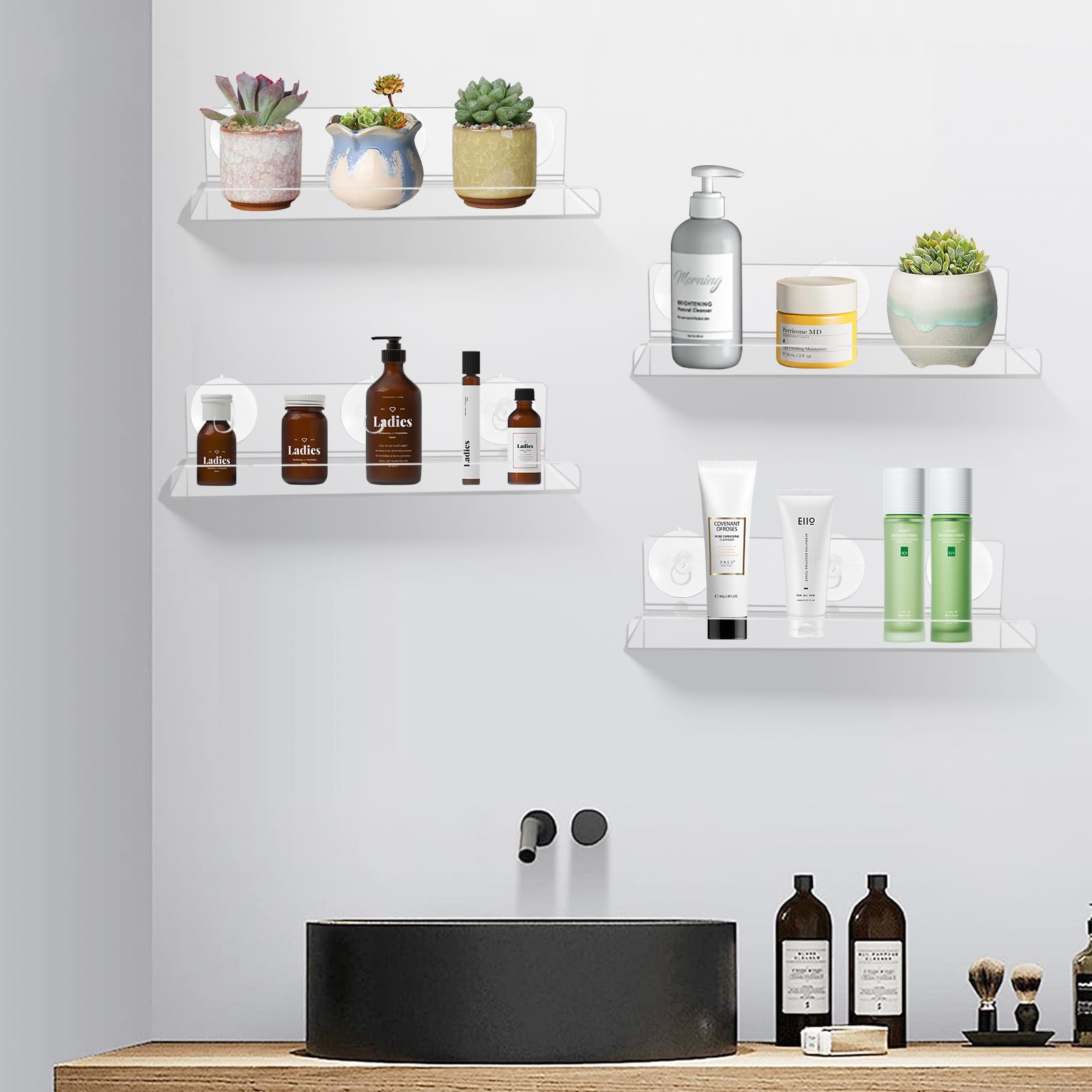 Paquete de 2 estantes de ventana para plantas, estantes de ventosa acrílica de 12 pulgadas para suculentas, macetas de hierbas, micro verdes, organizador de baño, soporte de exhibición y 4